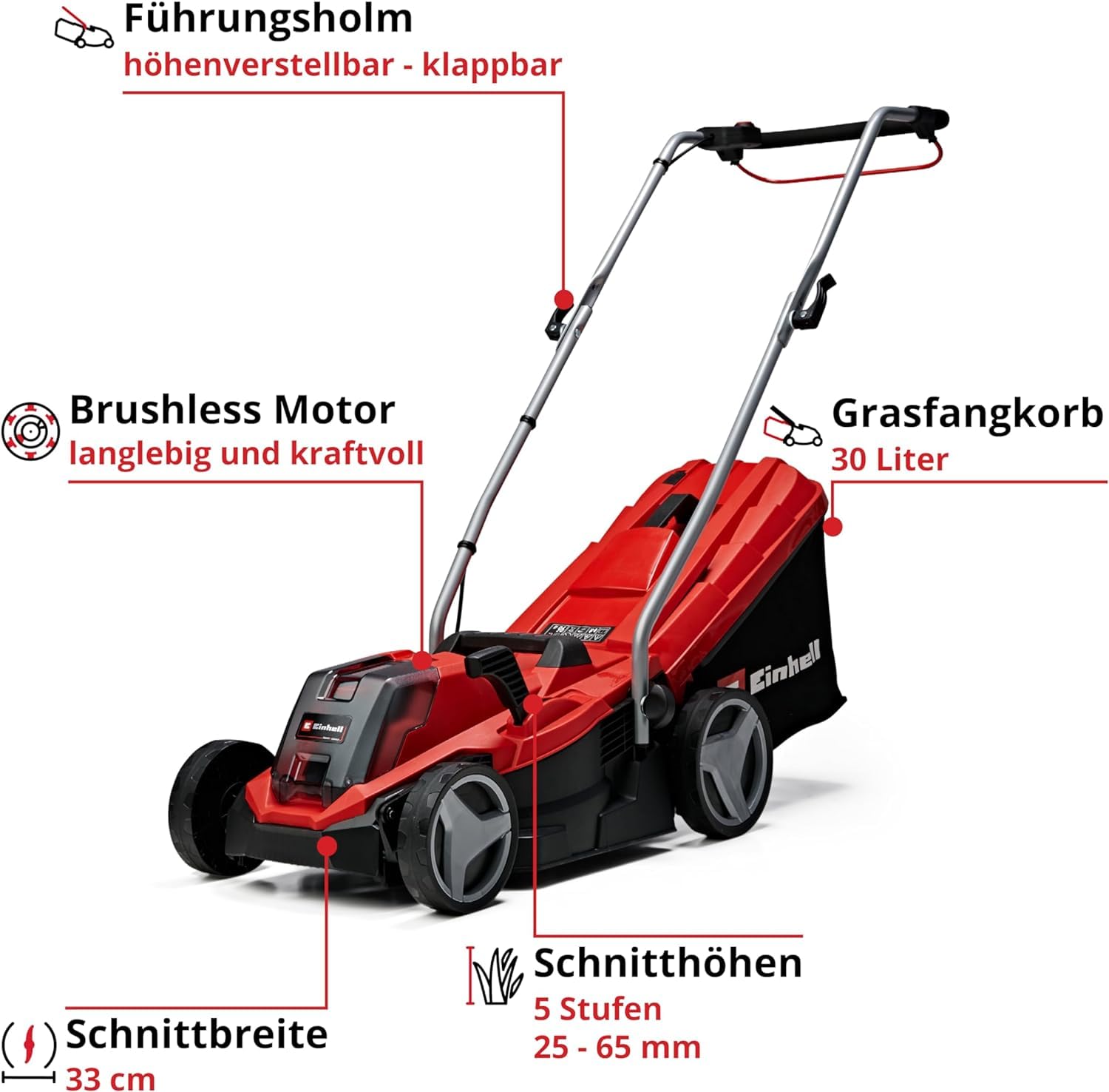 Einhell Akku-Rasenmäher GE-CM 18/33 Li Kit, 18 V, 33 cm Schnittbreite, bis 200 m², 30 L Fangkorb, inkl. 4,0 Ah Akku + Lader