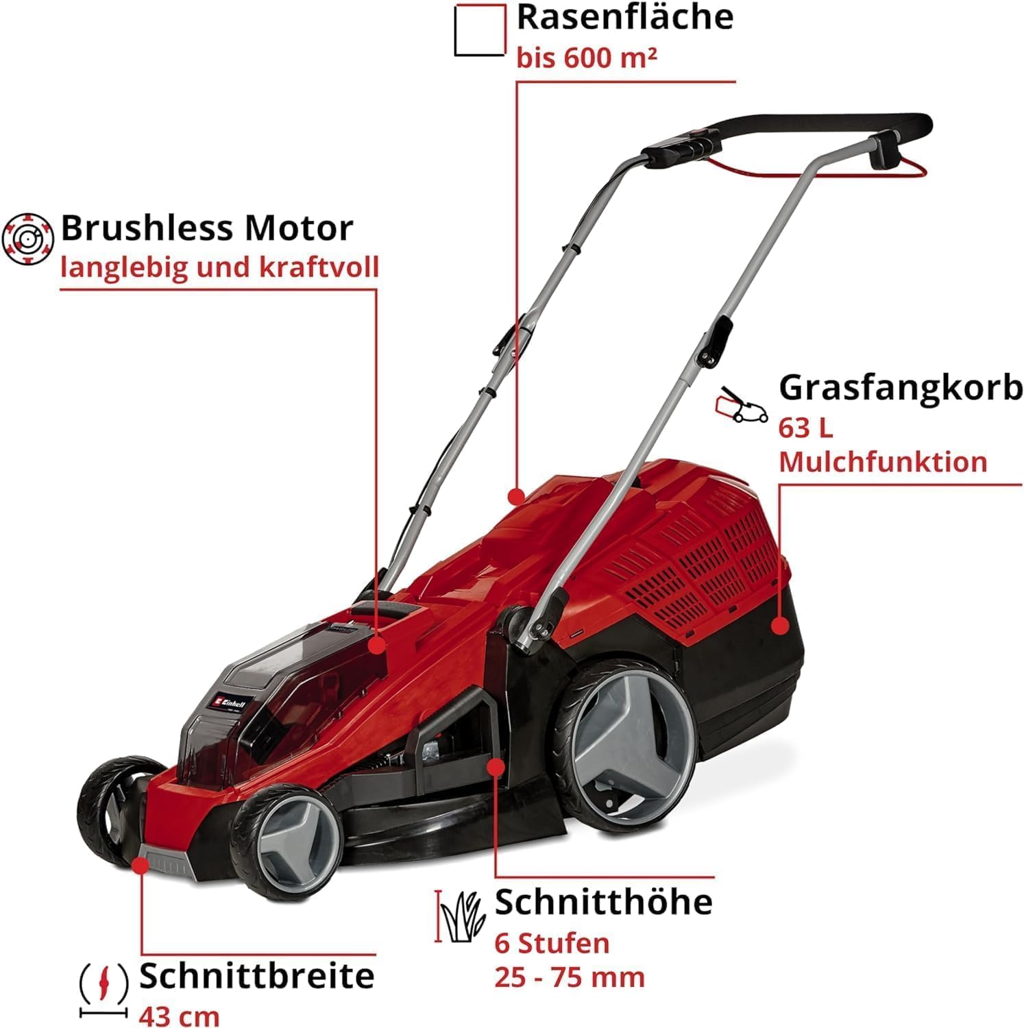 Einhell Akku-Rasenmäher GE-CM 36/43 Li M-Solo Power X-Change (36 V, 43 cm Schnittbreite, bis 600 m², Brushless, Mulchfunktion, 63L Fangkorb, 25-75 mm Schnitthöhe, ohne Akku)