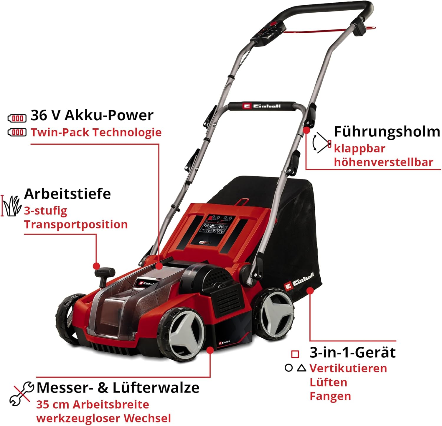 Einhell Akku-Vertikutierer-Lüfter GE-SA 36/35 Li-Solo Power X-Change (Li-Ion, 36 V, bürstenloser Motor, 35cm Messerwalze, 28L Fangsack, einstellbare Arbeitstiefe, ohne Akku & Ladegerät)