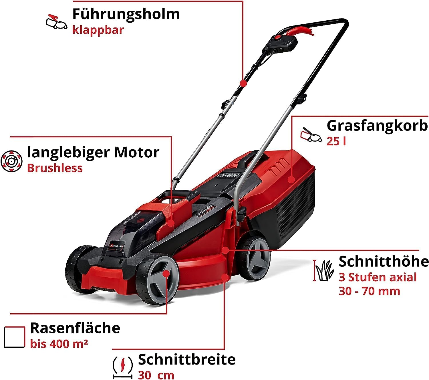 Einhell Akku-Rasenmäher GE-CM 18/30 Li Kit, 18 V, 30 cm, bis 150 m², Brushless, 25 L Fangkorb, inkl. 3,0 Ah Akku + Ladegerät
