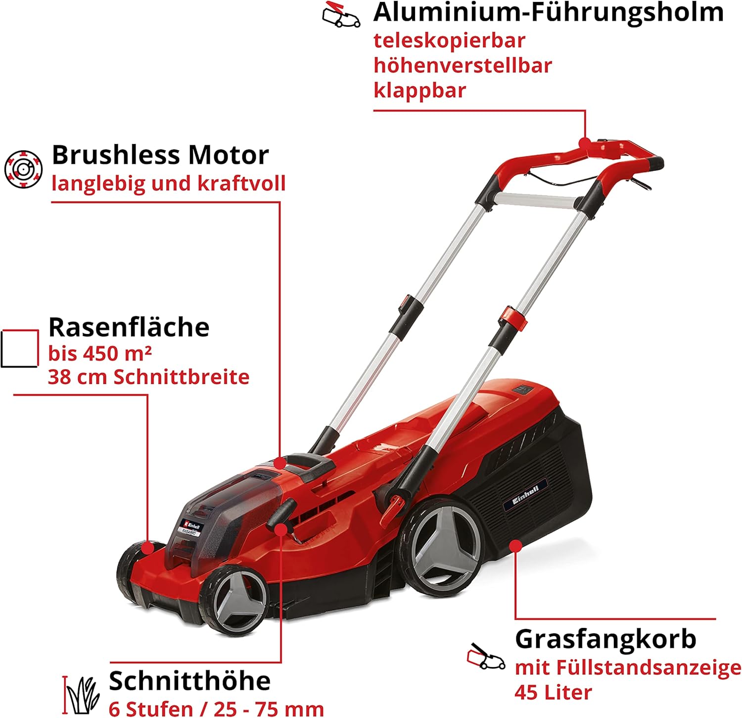 Einhell Akku-Rasenmäher RASARRO 36/38 Kit Power X-Change (36 V, 38 cm Schnittbreite, 450 m², Brushless, Mulchfunktion, 45L Fangkorb, inkl. 2x 4,0 Ah Akkus + Twincharger)