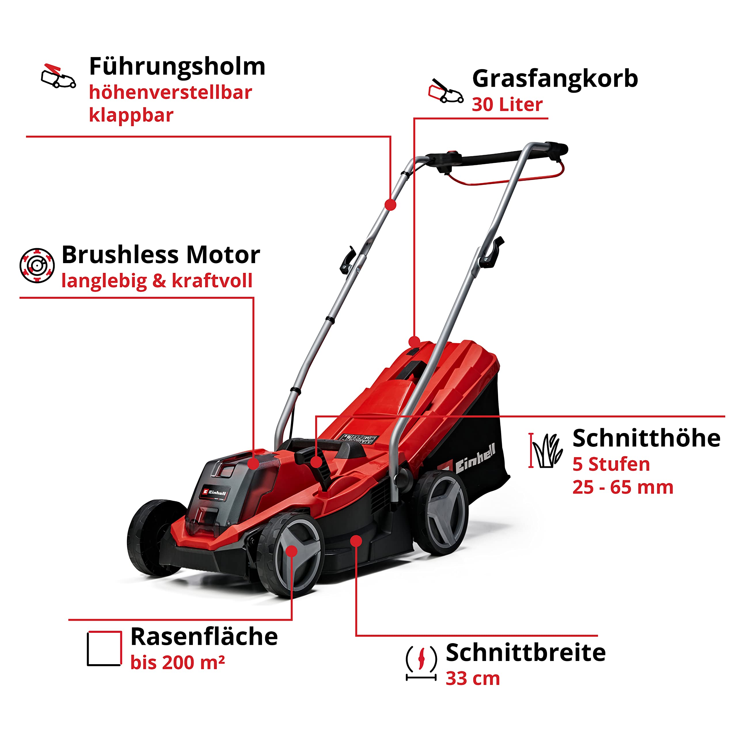 Einhell Akku-Rasenmäher GE-CM 18/33 Li Kit, 18 V, 33 cm Schnittbreite, bis 200 m², 30 L Fangkorb, inkl. 4,0 Ah Akku + Lader