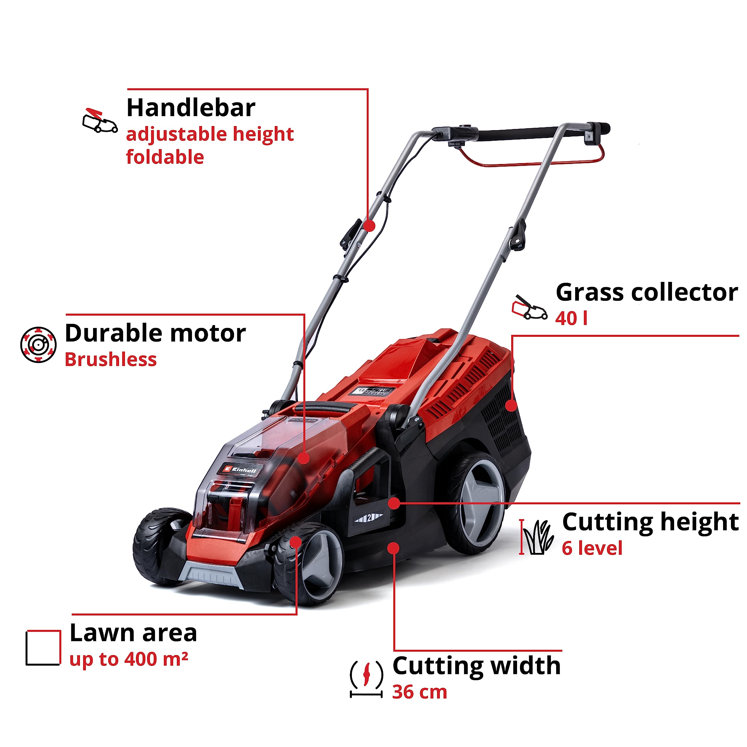 Einhell Akku-Rasenmäher GE-CM 36/36 Li Kit, 36 V, 36 cm Schnittbreite, Brushless, 40 L Fangkorb, 2x Akku + 2x Ladegerät